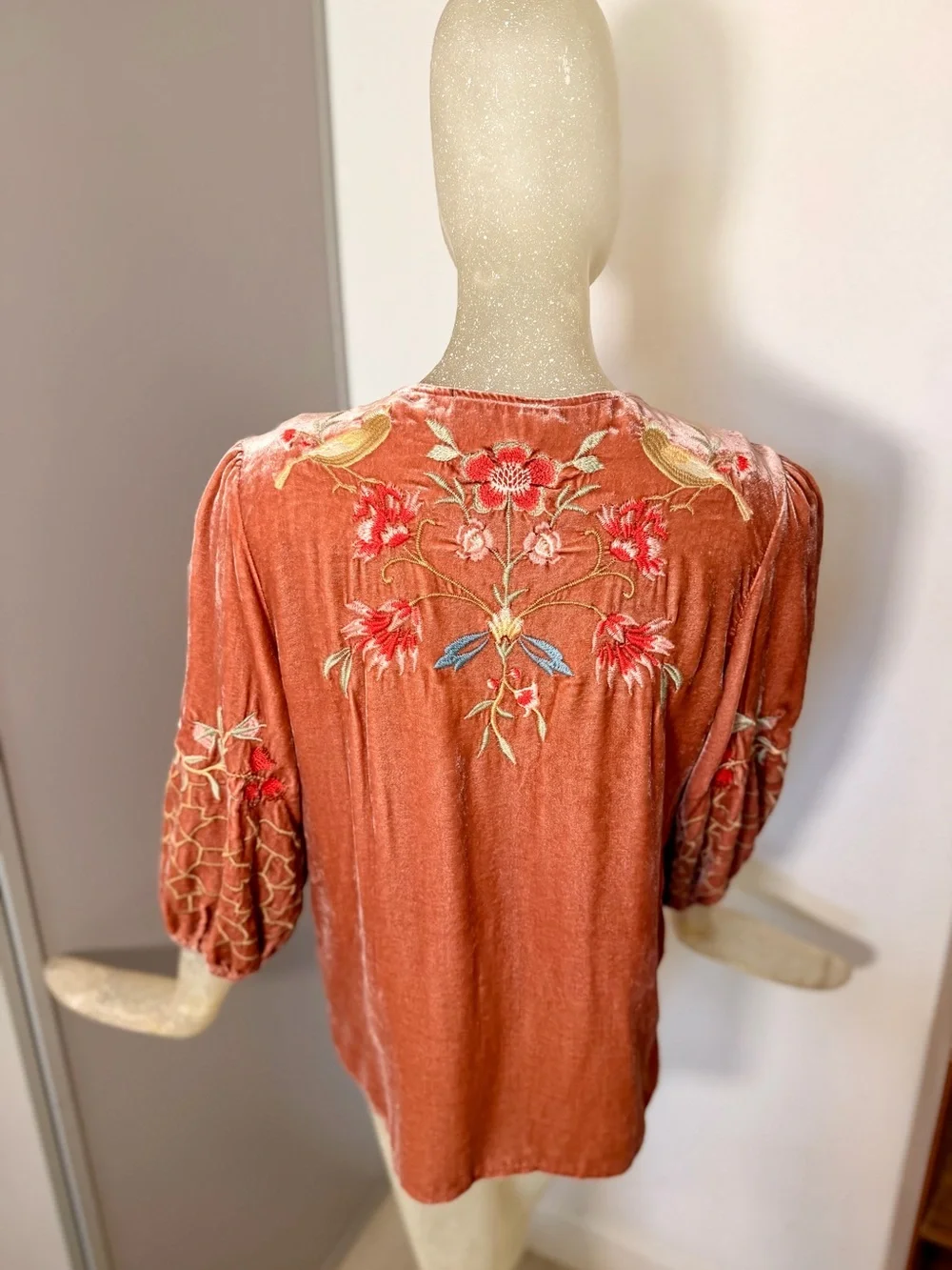 Johnny Was Clara Velvet Embroidered Peasant Silk/Rayon Blouse w/ Tassels. Sz XS